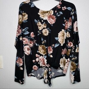 Black Floral Crop Top Long Sleeve Blouse with Tie in Front Large